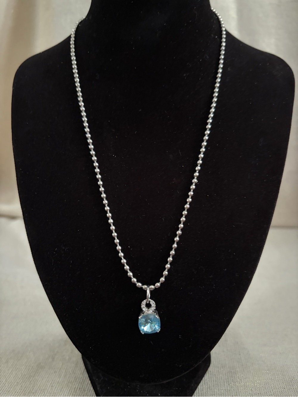 Silver Ball Chain Necklace with Blue Crystal Pendant